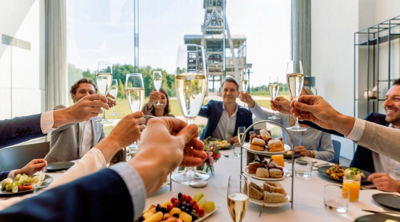 Gasten klinken met champagne tijdens een privé-event in Terhills Hotel met zicht op de mijnschacht
